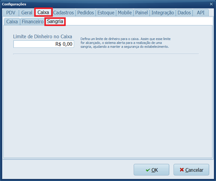 configurações-caixa-sangria | Datacaixa Caixa > Sangria