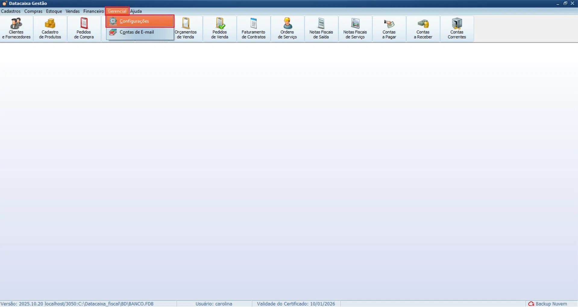 menu Gerencial > Configurações.