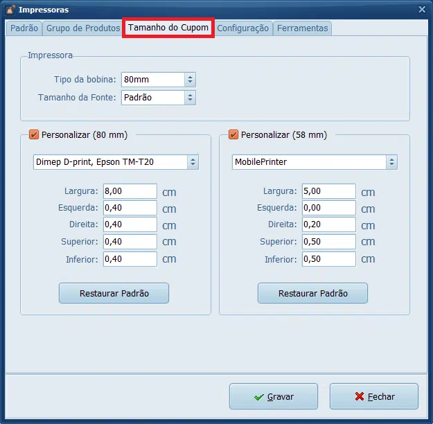 configurar o tamanho