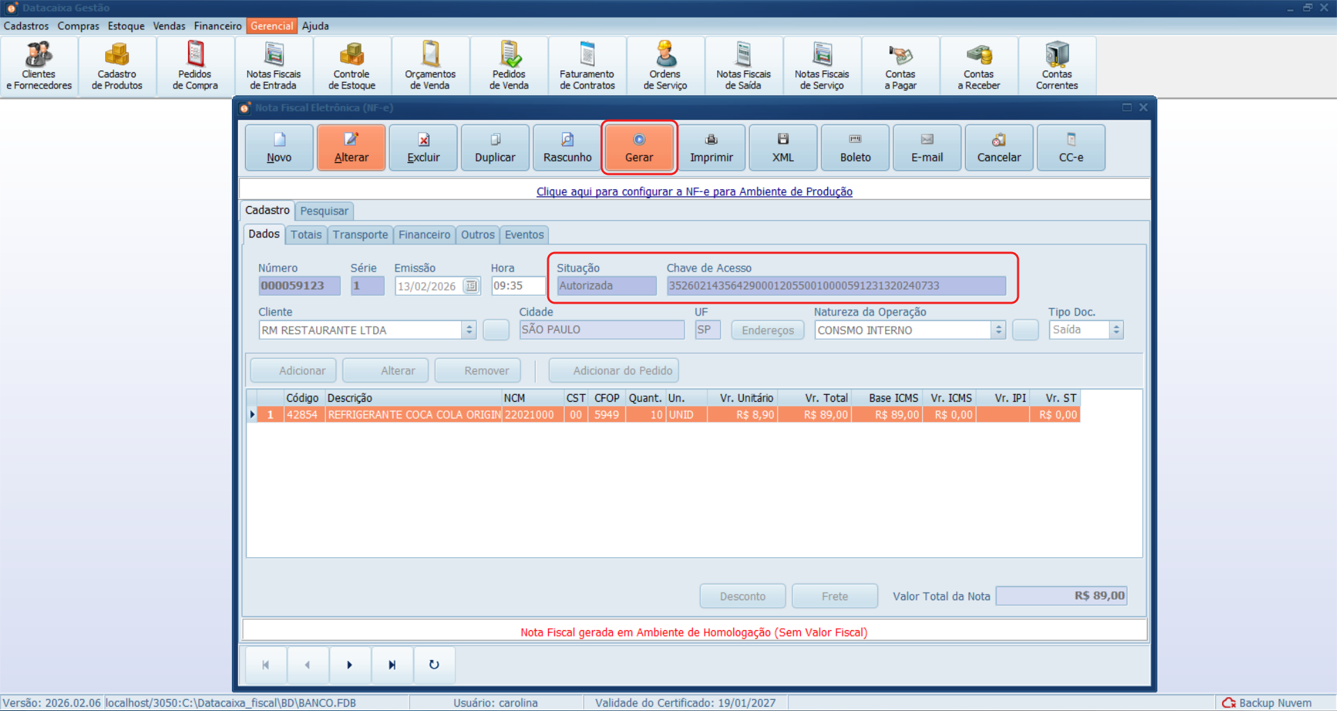 Abra novamente a NF-e e clique em Gerar para transmitir a nota.