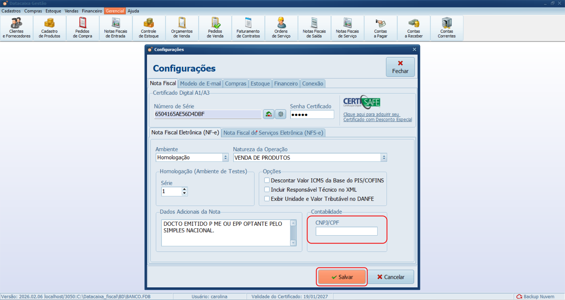 Contabilidade, exclua o CNPJ/CPF preenchido e deixe o campo em branco. 