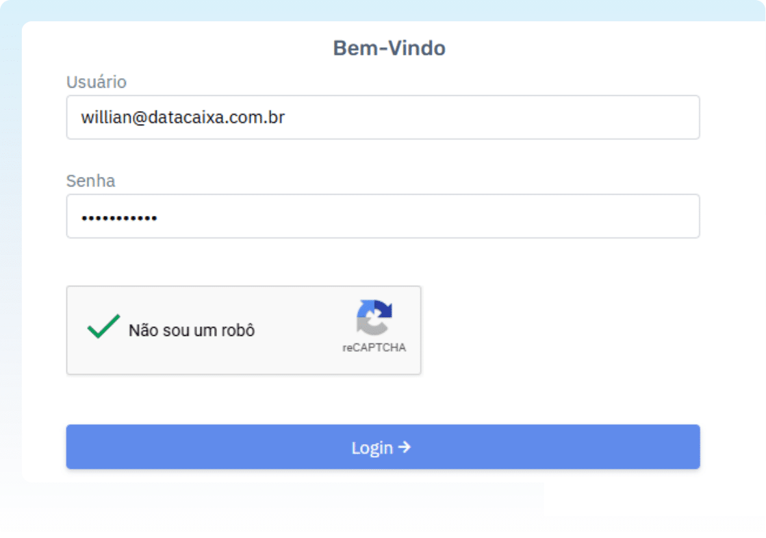 Tela de login com campos 'Usuário' e 'Senha', CAPTCHA 'Não sou um robô' e botão 'Login' (bem-vindo no topo).