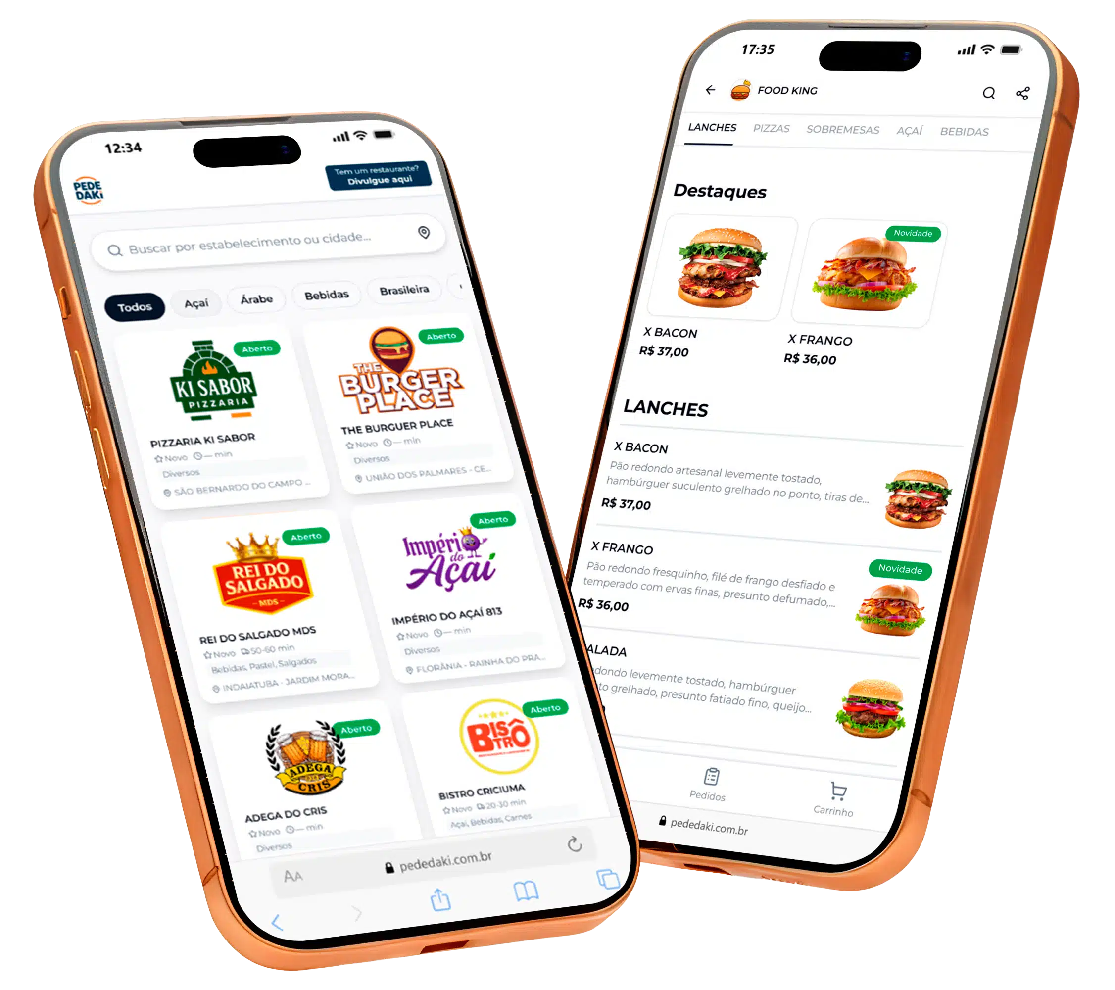 Two smartphones showing a food delivery app with restaurant cards and a search bar.